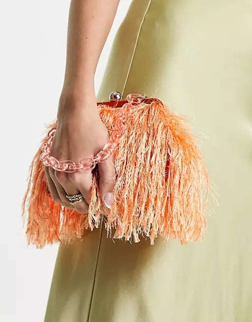 ASOS Design Faux Feather Clutch With Resin Handle in Orange