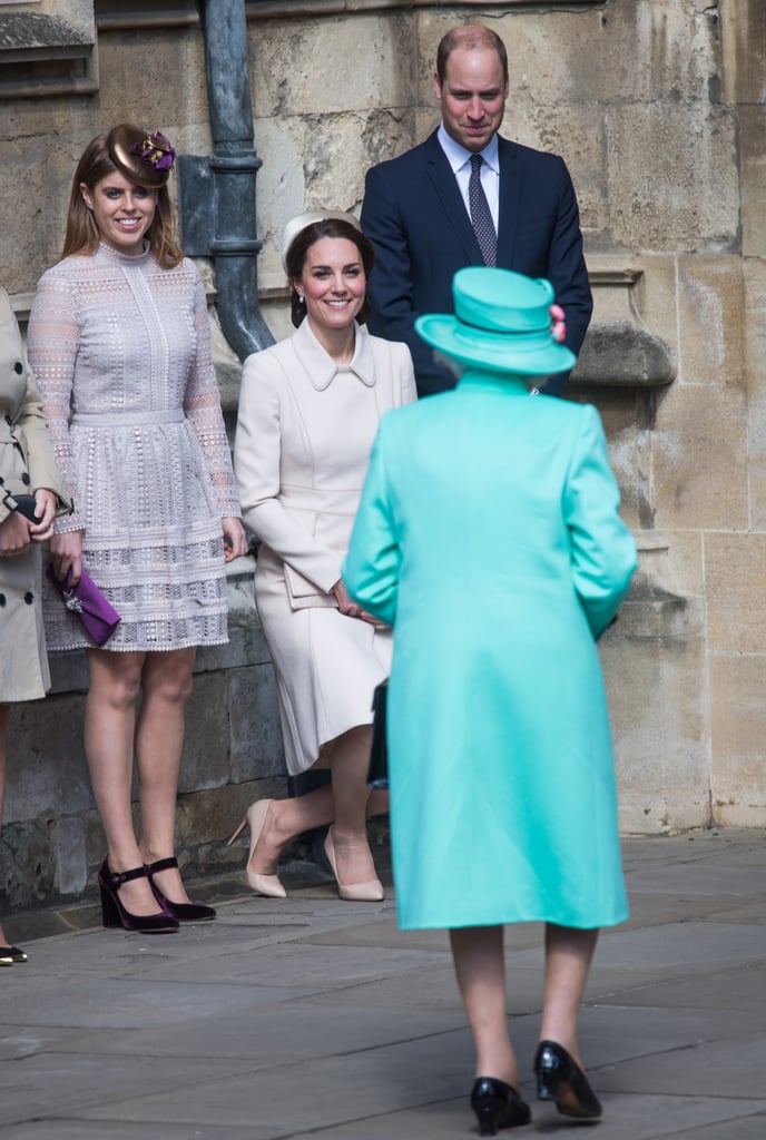 Greeting the queen alongside Kate Middleton and Prince William ahead of the Easter Day Service in 2017.