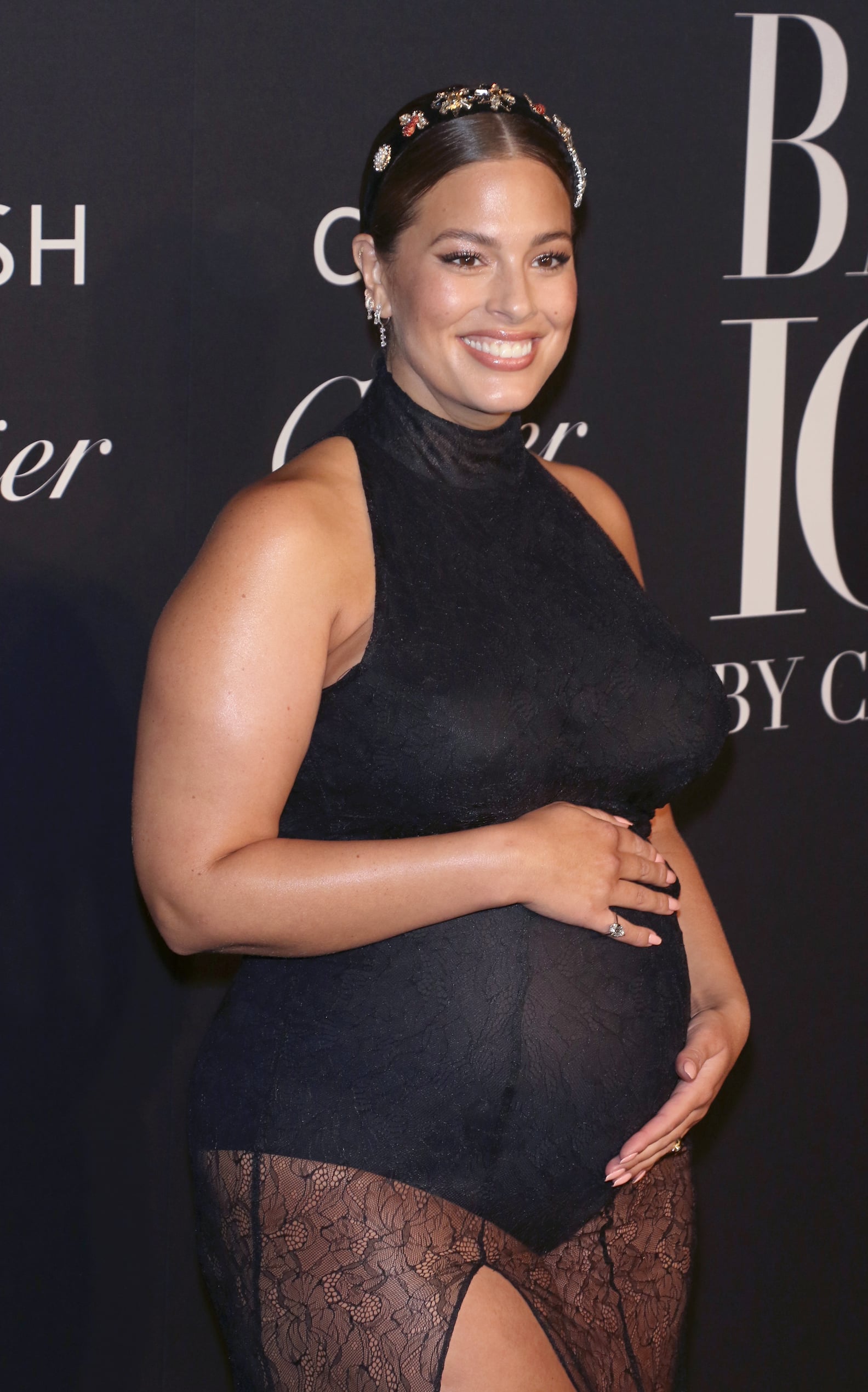 Ashley Graham Pregnant in Black Feather Dress by 16Arlington POPSUGAR