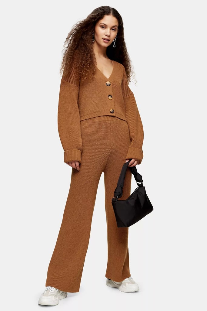 Topshop Camel Knitted Cardigan and Trousers Set | Hailey Bieber's Brown ...