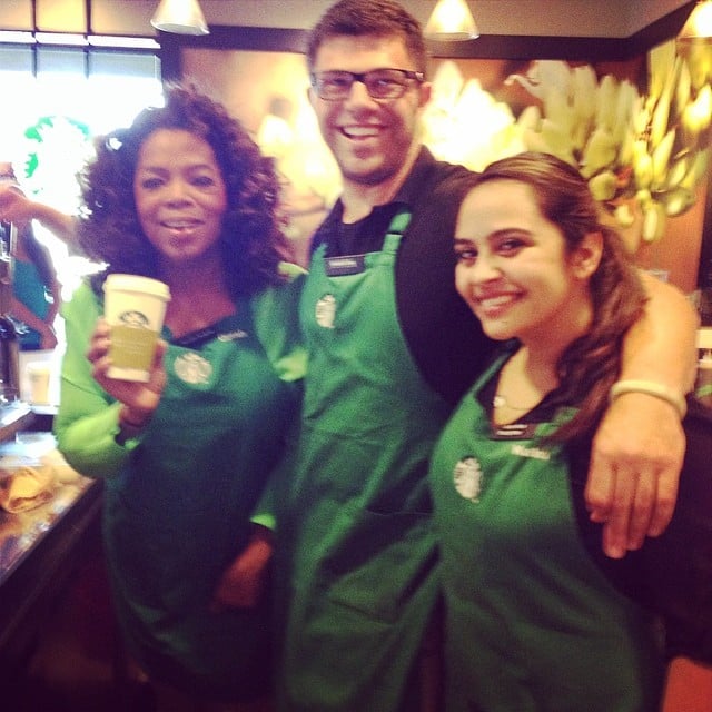 Yes, that's Oprah Winfrey behind the counter at Starbucks, promoting her special chai tea drink. "Getting my Chai on with partners @Starbucks. Bring your Mom! #oprahchai," she captioned the picture.
Source: Instagram user oprah
