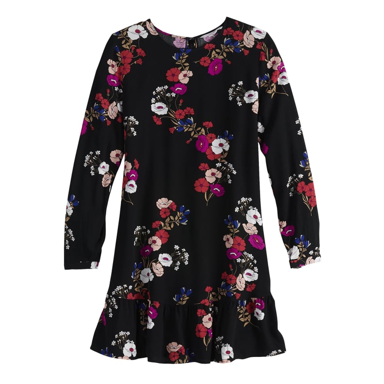 Long Sleeve Flounce Hem Mini in Jet Black Falling Floral