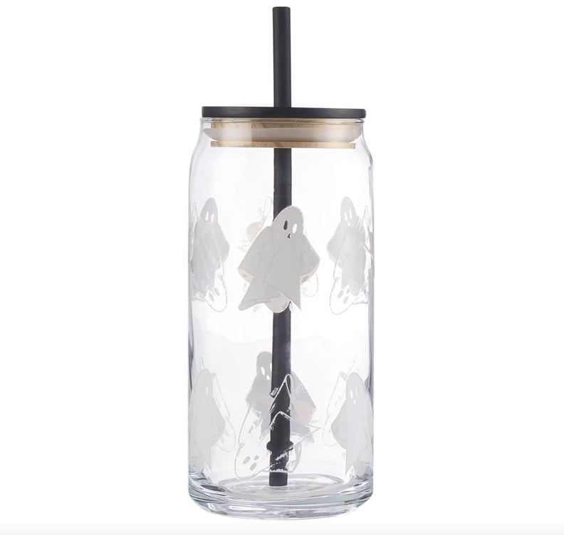 Halloween Glass Tumbler with Wooden Lid and Straw