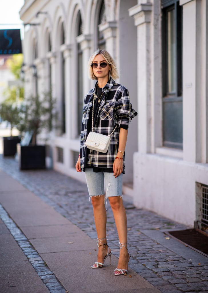 Style Light-Wash Shorts With a Plaid Shirt and Ankle-Strap Heels