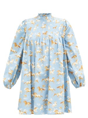 Ganni Exclusive Horse-Print Pintucked Cotton Smock Dress