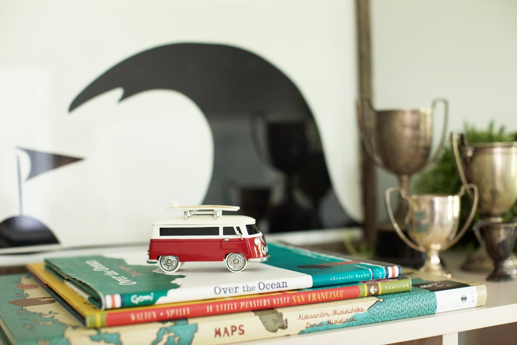 Pulling out favorite toys and books with beautiful illustrations is a great way to decorate with what you have. This little surfer-friendly VW bus reminds me of the car my grandparents had when I was a kid, and I can't help but smile.