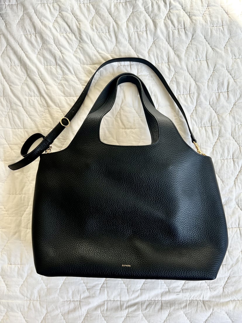 The Cuyana System Tote in Black Pebbled Leather.
