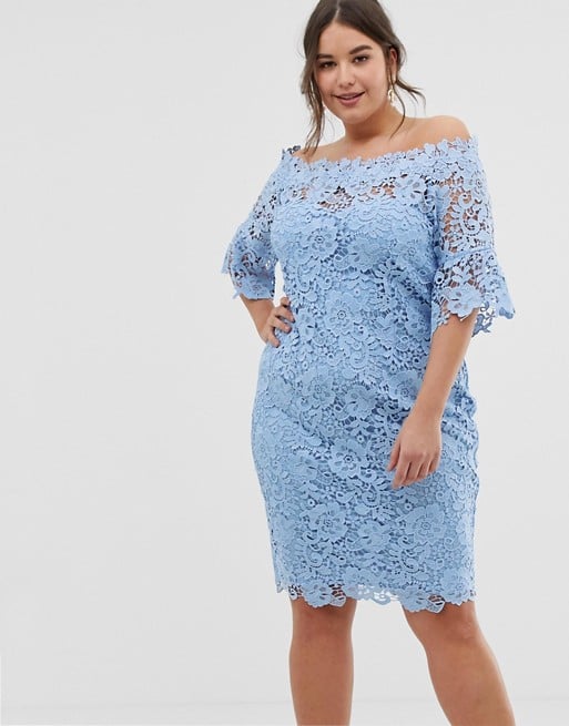 Paper Dolls Bardot Crochet Dress With Fluted Sleeve in Powder Blue