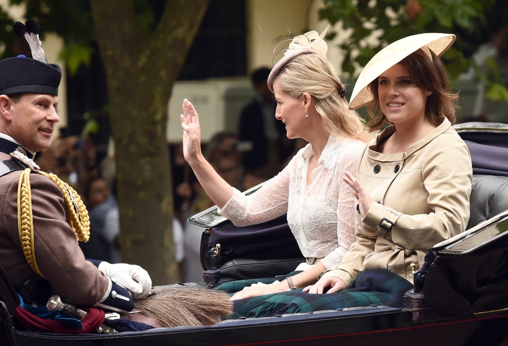 Eugenie traveled in an open carriage with her uncle, Prince Edward, and Sophie, Countess of Wessex during Trooping the Colour in 2014.