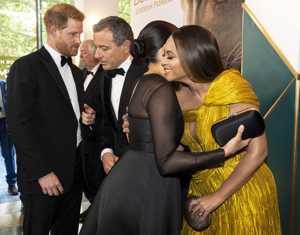 You're going to want to sit down for this: Beyoncé, JAY-Z, Meghan Markle, and Prince Harry have finally met! On Sunday, the quartet united at the London premiere of The Lion King – which stars Beyoncé as the voice of adult Nala — inside the venue. Naturally, they all looked absolutely sublime. While Bey rocked a golden gown and Meghan modeled a little black dress, JAY-Z and Prince Harry both looked dapper in tuxedos.
At their meeting, Bey and Meghan gave each other a hug as the singer called the duchess "my princess" before they all had a nice chat. Beyoncé shared her excitement over meeting the royals, telling Meghan, "We love you guys." They even spoke about their kids and the royal duo's new baby, Archie, whom they welcomed in May. "Your baby is so beautiful," Beyoncé said to the duchess. Beyoncé and JAY-Z certainly know what it's like welcoming a newborn. The two share 7-year-old daughter Blue Ivy — who walked the red carpet with Bey at The Lion King's LA premiere — and 2-year-old twins Rumi and Sir. 
Beyoncé, JAY-Z, Meghan, and Harry's union comes after Bey and Jay honored the Duke and Duchess of Sussex in February while accepting their Brit award.  Bey also gave Meghan a special shout-out on her personal website, writing, "She and Prince Harry have continued to push the race relations dialogue forward both near and far. In honor of Black History Month, we bow down to one of our Melanated Monas." 
Seeing them all together is all we've ever wanted, and we're so glad it finally happened. Ahead, watch them meet and enjoy a casual conversation while the rest of us freak out!

    Related:

            
            
                                    
                            

            Who&apos;s in Meghan Markle&apos;s Inner Circle? See Her Powerful Squad of BFFs