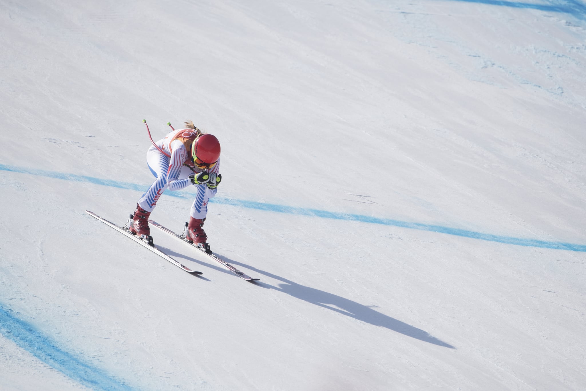 PYEONGCHANG, SOUTH KOREA -FEBRUARY 22:   Mikaela Shiffrin #19 of the United States in action during the Alpine Skiing - Ladies' Alpine Combined Downhill at Jeongseon Alpine Centre on February 22, 2018 in PyeongChang, South Korea.  (Photo by Tim Clayton/Corbis via Getty Images)