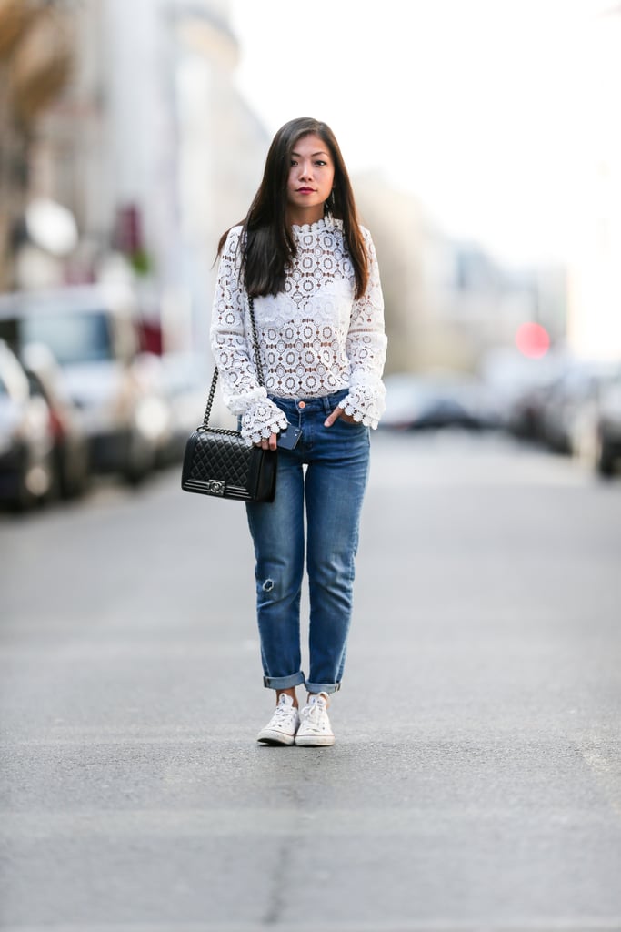 mom jeans and trainers