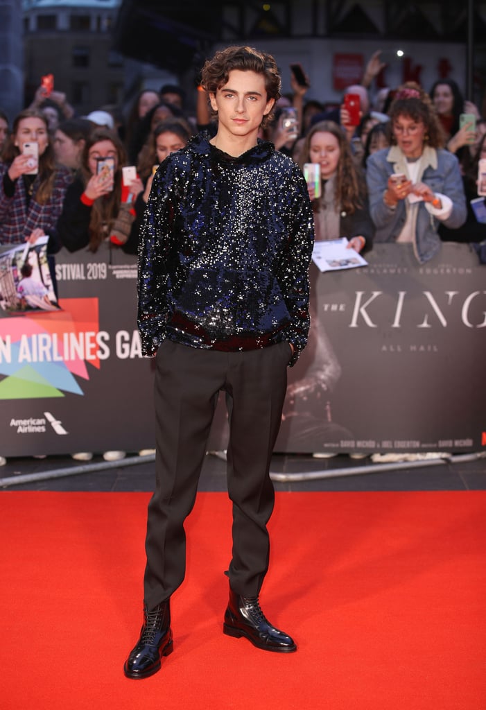 Timothée Chalamet Wearing a Sequinned Hoodie at The King's Premiere