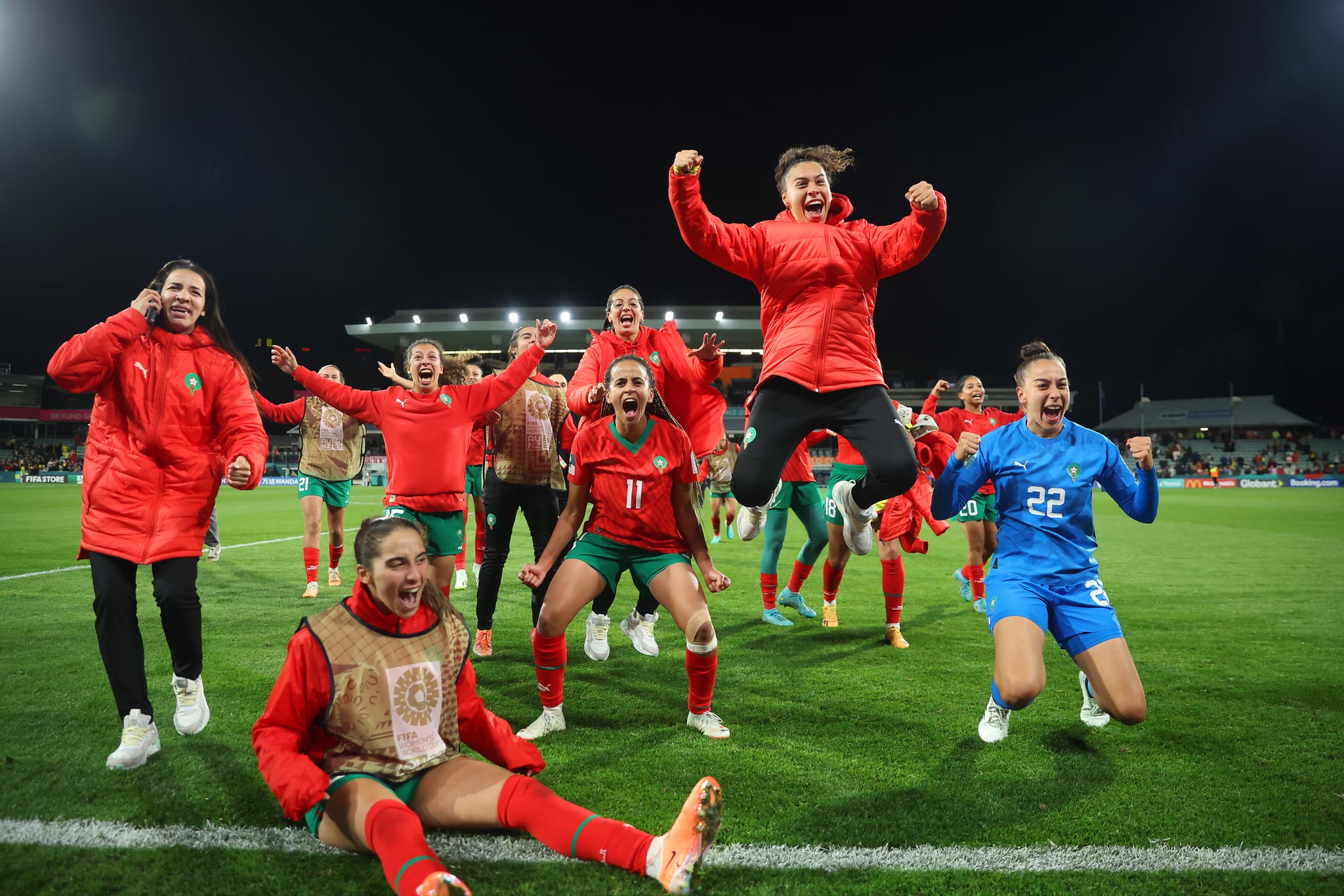 PERTH, AUSTRALIA - AUGUST 03: Morocco players celebrate advancing to the knock out stage after the 1-0 victory in the FIFA Women's World Cup Australia & New Zealand 2023 Group H match between Morocco and Colombia at Perth Rectangular Stadium on August 03, 2023 in Perth, Australia. (Photo by Alex Grimm - FIFA/FIFA via Getty Images)