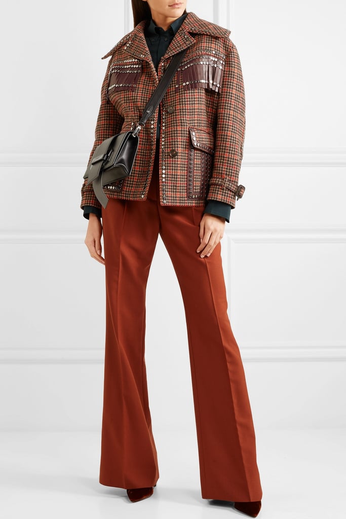 Prada Leather-Trimmed Studded Checked Wool-Blend Tweed Jacket