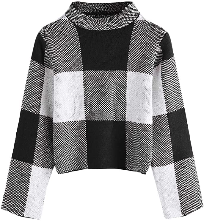 Plaid About You: Floerns Long-Sleeve High-Neck Plaid Crop Sweater