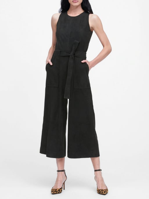 Petite Vegan Suede Cropped Wide-Leg Jumpsuit