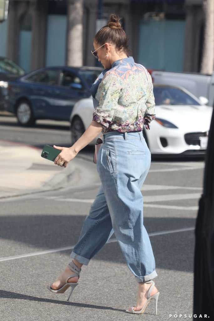 J Lo Goes Shopping in a Floral Blouse and Paper-Bag Jeans