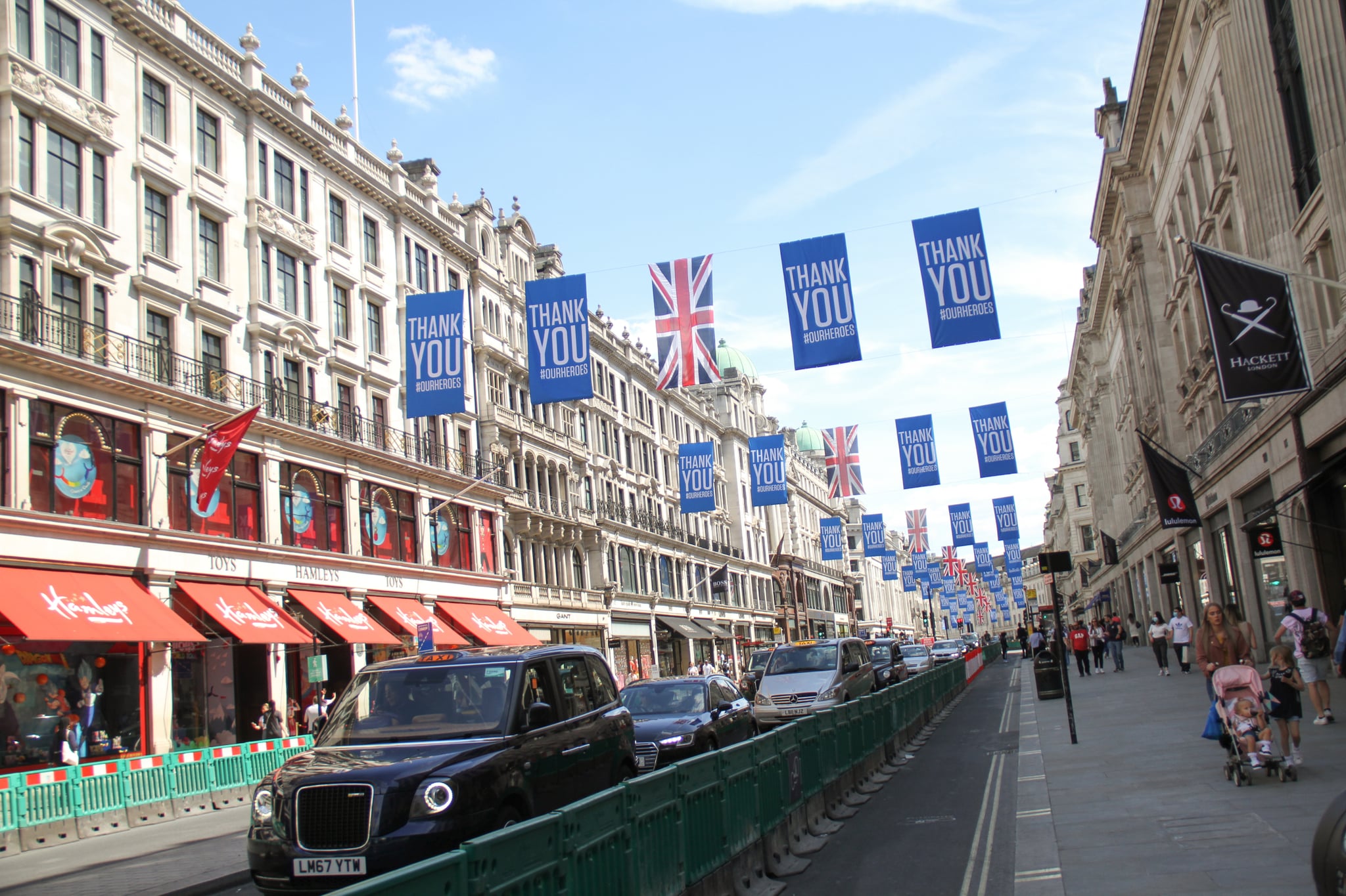 LONDON, UNITED KINGDOM - 2020/07/12: Pedestrians are seen on Regent Street walkway that was enlarged to facilitate social distancing.Londoners have slowly began to go back to 'normal' with shops reopened on Oxford Street. This week the government has advised on the opening of gyms and pools from 11 July. (Photo by David Mbiyu/SOPA Images/LightRocket via Getty Images)