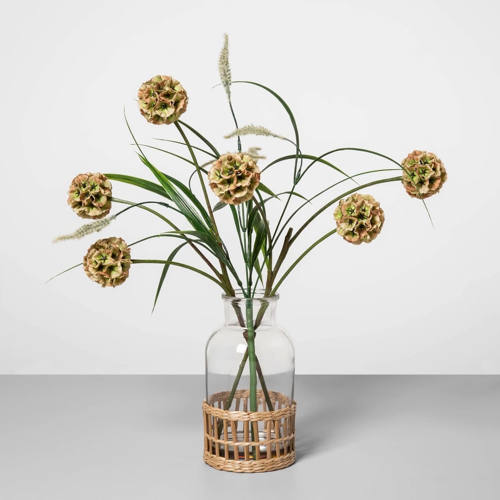 Artificial Pod Flower Arrangement in Glass Vase in Green/Clear