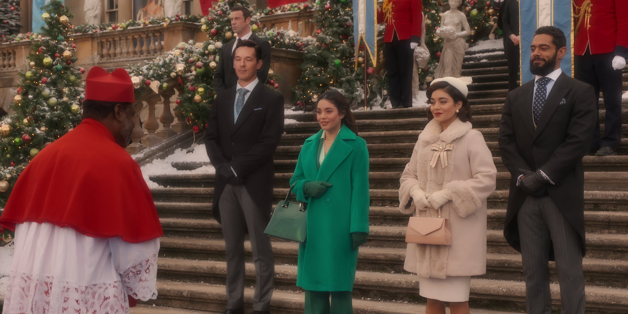 The Princess Switch 3: Romancing the Star (L-R). Femi Elufowoju Jr. as Cardinal Aked Amoah, Sam Palladio as Prince Edward, Vanessa Hudgens as Stacy, Vanessa Hudgens as Queen Margaret, Nick Sagar as Prince Kevin in The Princess Switch 3: Romancing the Star. Cr. Mark Mainz/NETFLIX © 2021