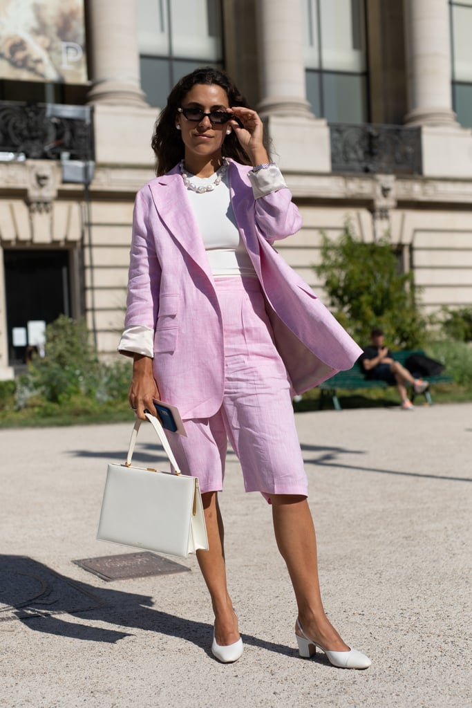 Style a Lavender Blazer With Long Shorts and White Accessories