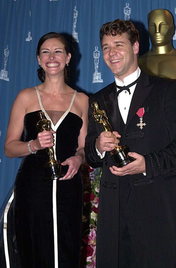 Her grin couldn't be contained after she won the Best Actress Academy Award for her role in Erin Brockovich; she posed backstage with an equally smiley Russell Crowe in 2001.