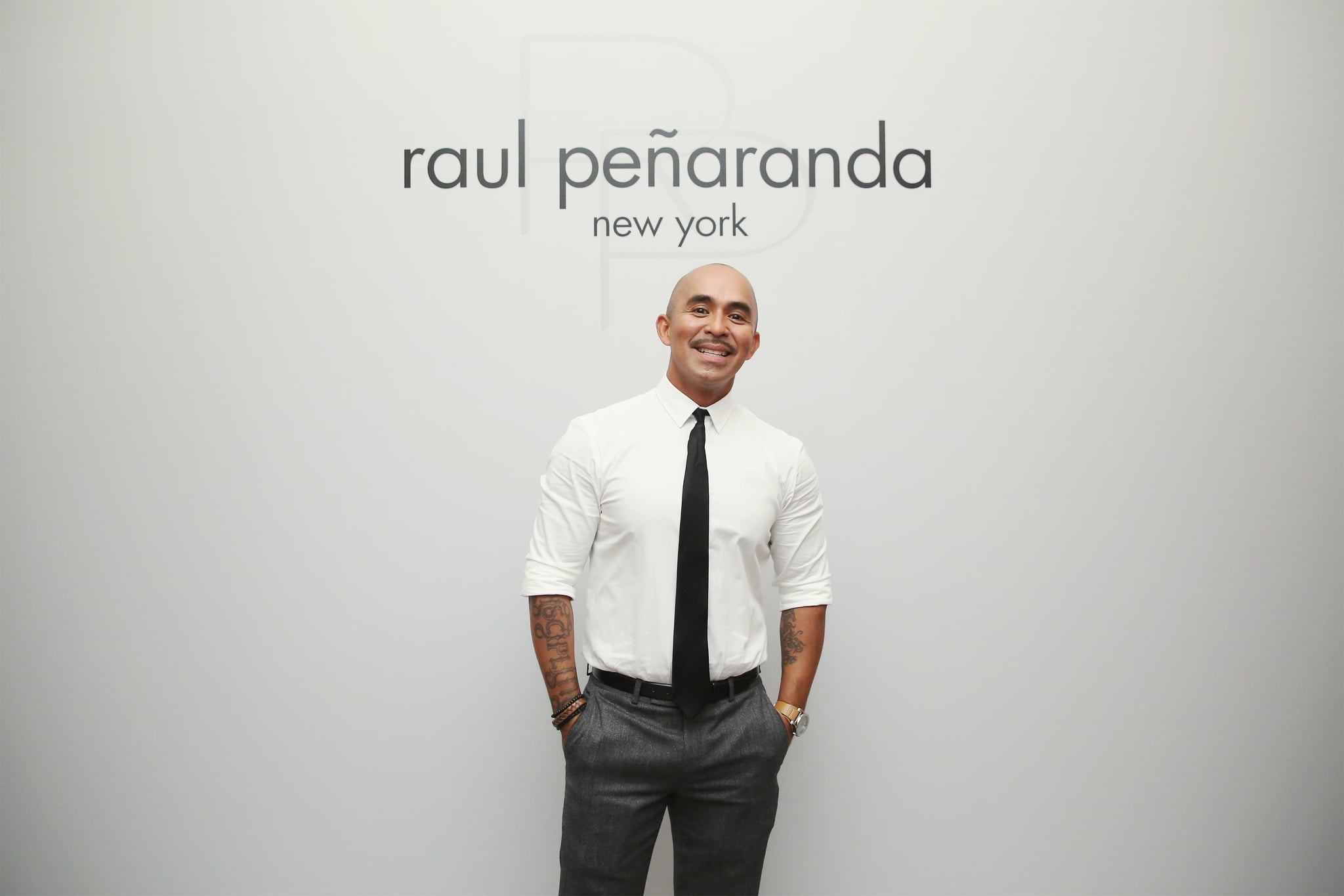 NEW YORK, NY - SEPTEMBER 13:  Fashion designer Raul Penaranda poses backstage with models before the Raul Panaranda show during Style360 NYFW September 2016 at Metropolitan West on September 13, 2016 in New York City.  (Photo by Mireya Acierto/Getty Images)