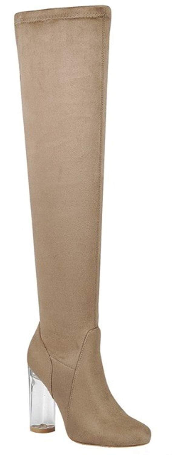 Dev Women's Thigh High Over the Knee Clear Block Heel Draw String Almond Toe Slip on Boots