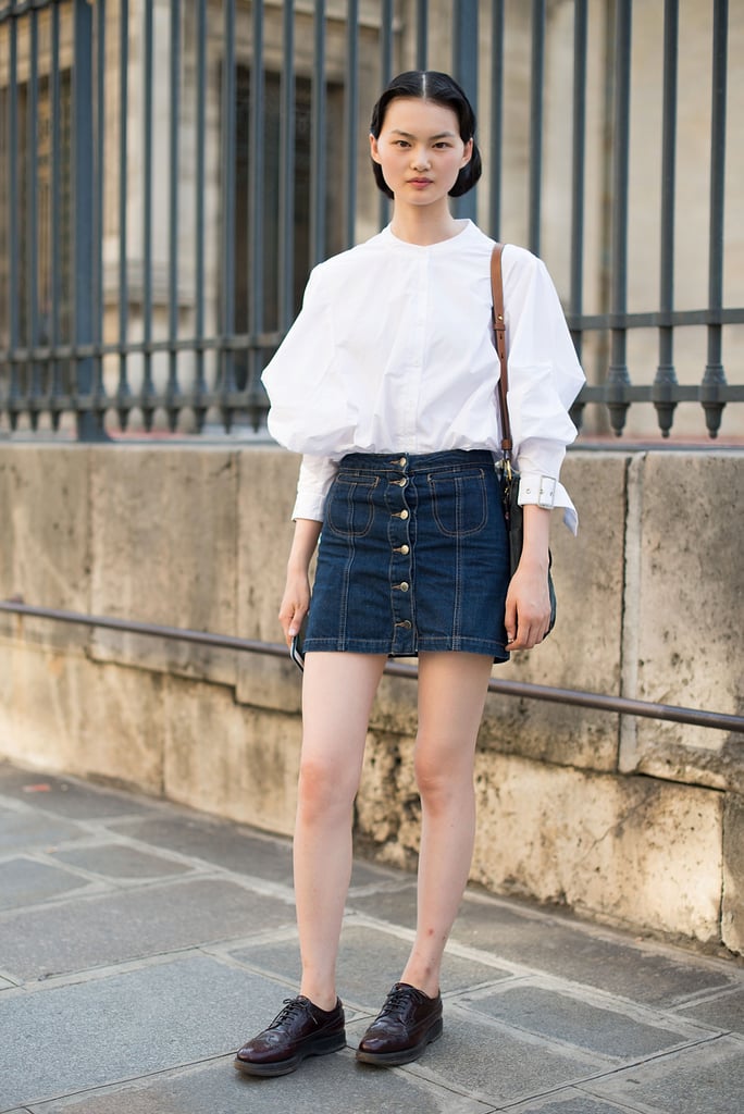 denim short skirt outfit