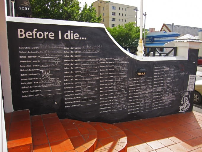 This wall in Cape Town, South Africa, created in 2012, featured aspirations from "meet Mr. Mandela" to "grow old."
Photo courtesy of BeforeIDie.com