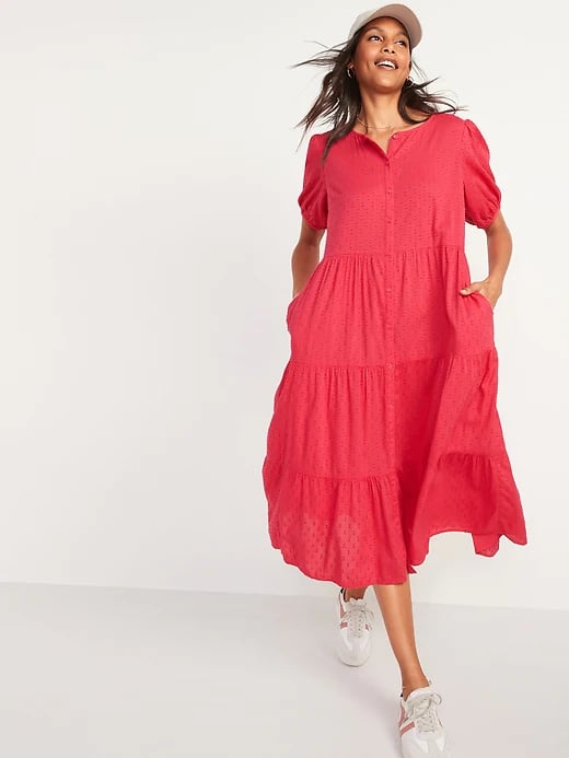 Old Navy Puff-Sleeve Clip-Dot Button-Front Midi Swing Dress