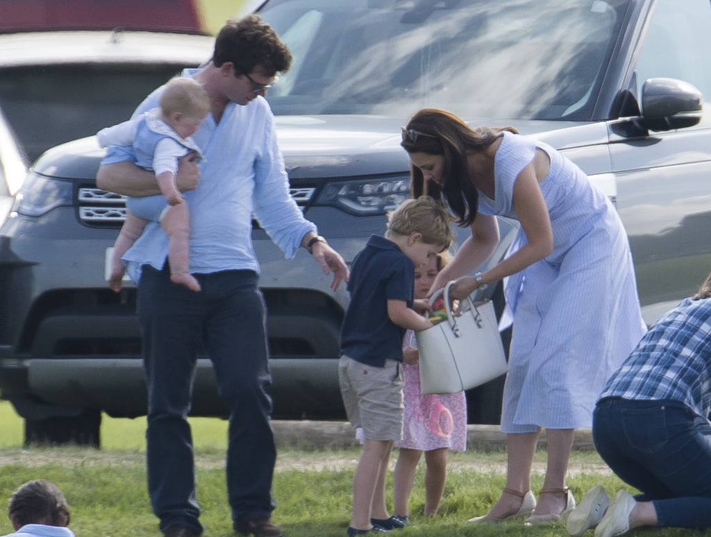 Here, Kate was quickly attacked by her small children for her bag's contents what looks like mere moments after getting out of the car — typical timing.