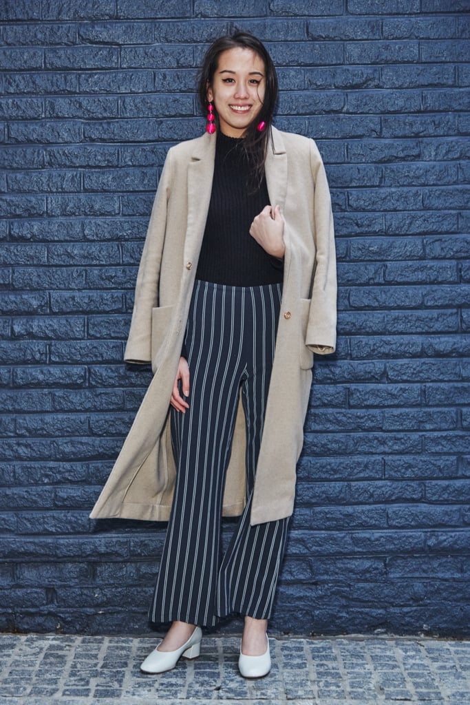 On Assistant Editor Marina Liao: Topshop duster coat, Urban Outfitters pinstripe trousers, Zara heels, and Baublebar earrings