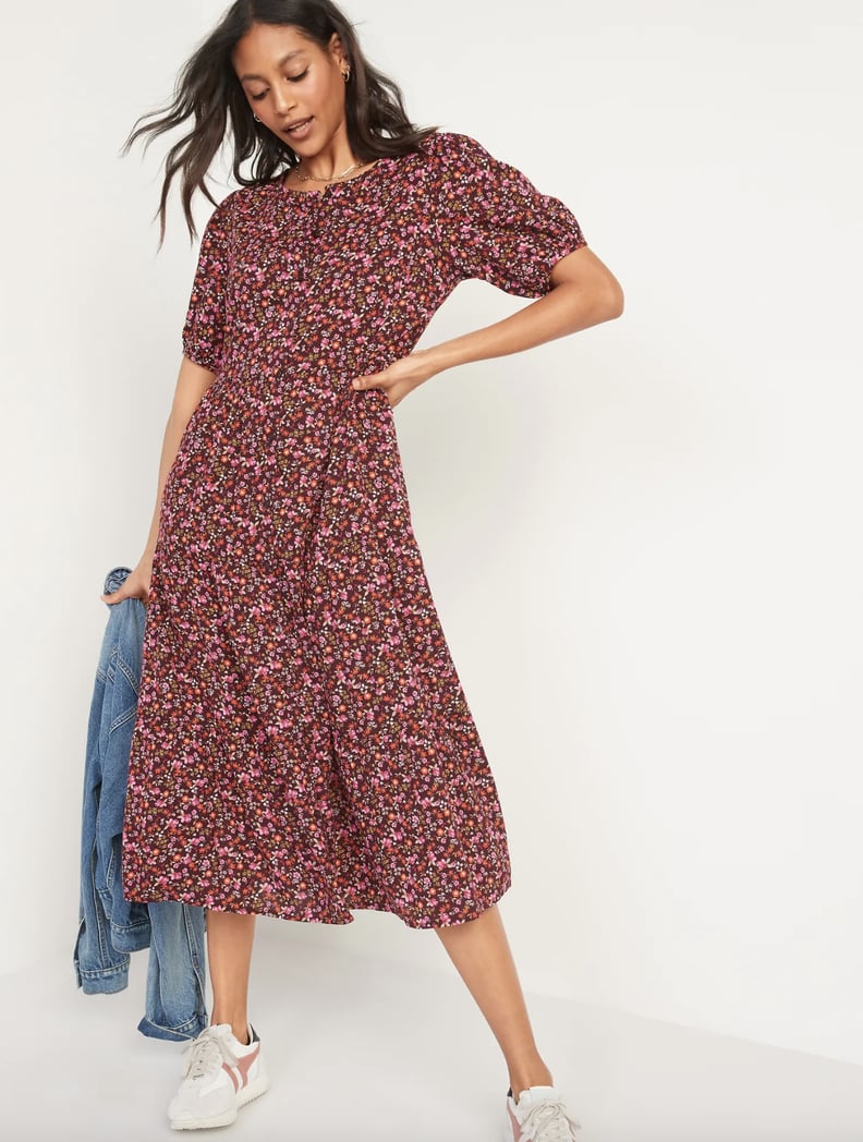 Old Navy Floral Puff-Sleeve Button-Front Midi Swing Dress