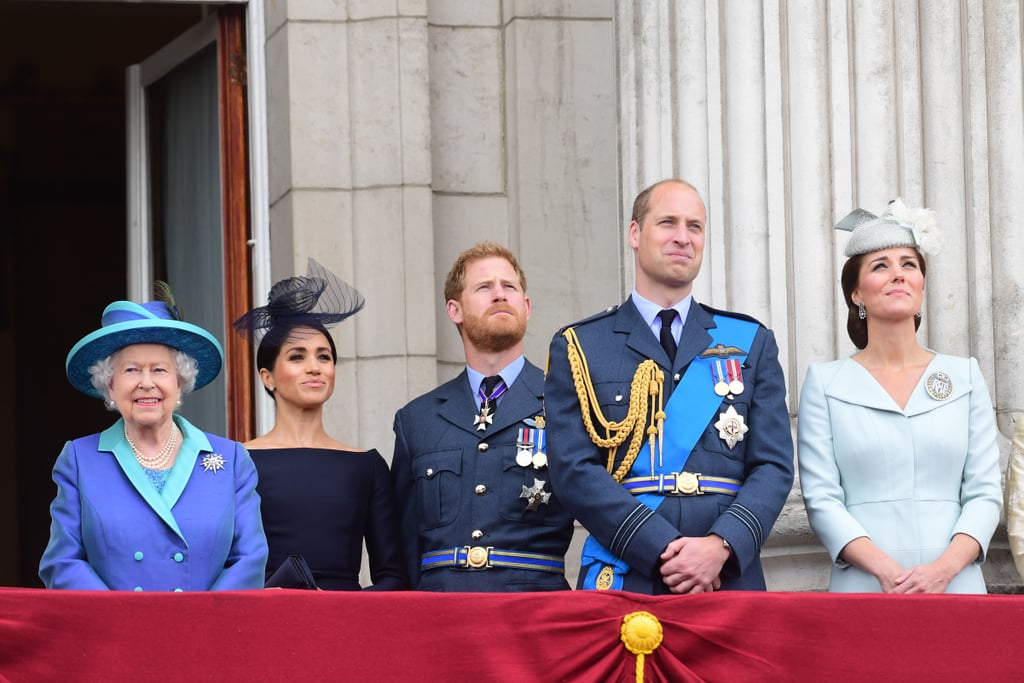 Queen Elizabeth stands with Meghan Markle, Prince Harry, Prince William, and Kate Middleton, to celebrate the Royal Air Force's 100th anniversary on July 10, 2018.