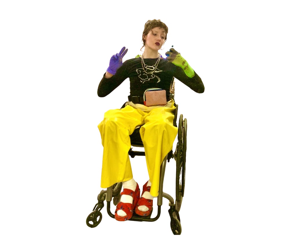 "The yellow pants are my uncle's old fishing pants, the top is thrifted, the shoes are Kenzo, and the gloves are 6t9.99."