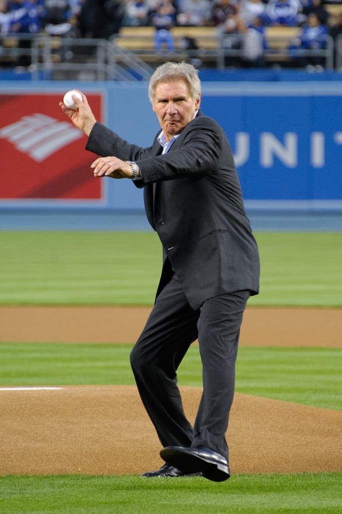 Harrison Ford took the field in LA to throw out the first pitch for the Dodgers in April 2013.
