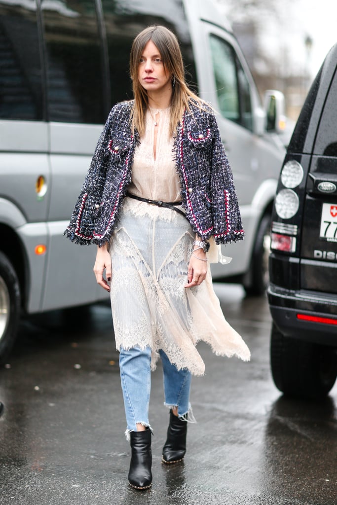Layer a sheer, chiffon dress over your jeans and cover up with a tweed blazer.