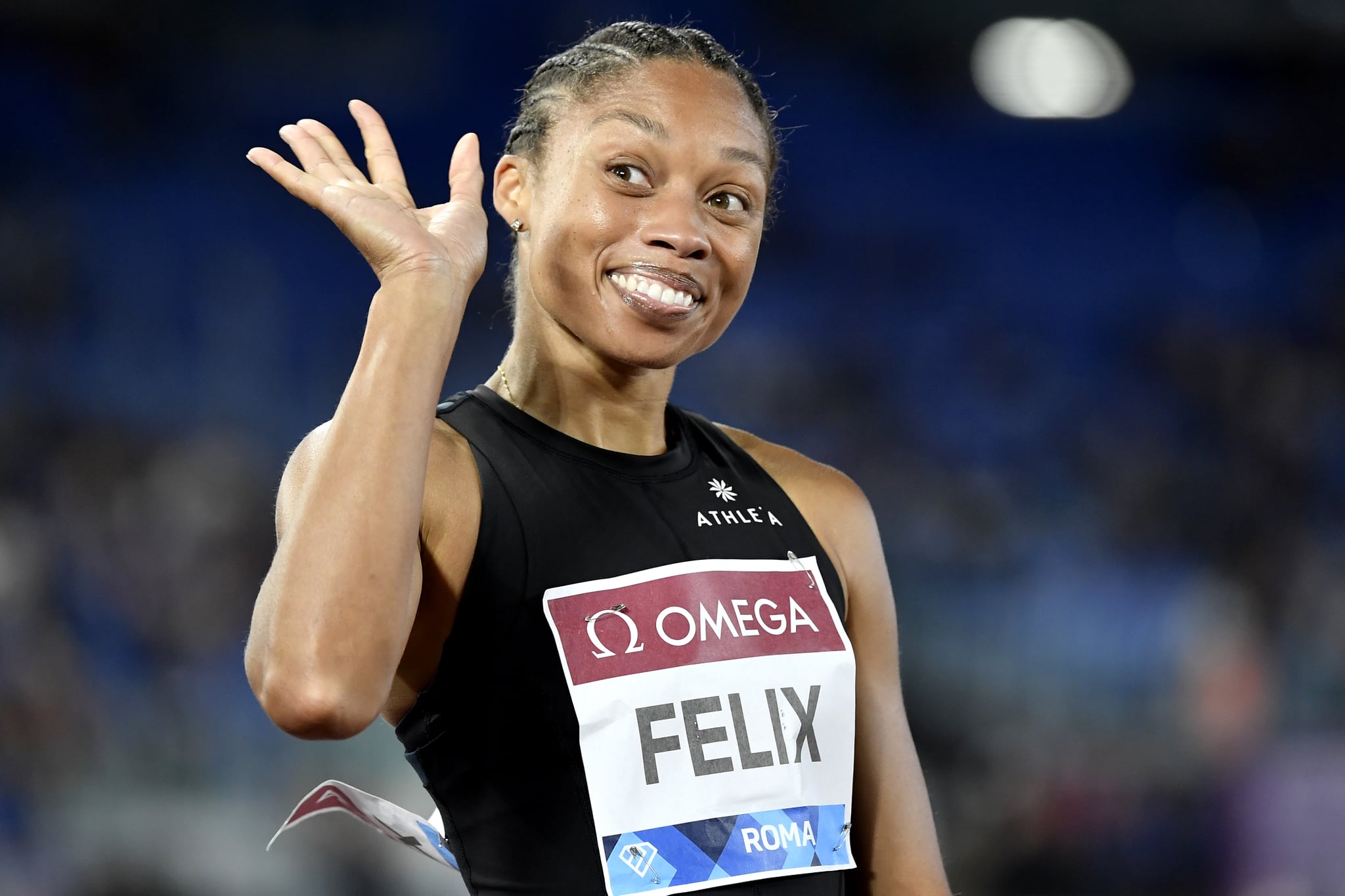 Allyson Felix of United States waves and smiles after compete in the 200m women during the IAAF Diamond League Golden Gala meeting at Olimpic stadium in Rome (Italy), June 9th, 2022. Allyson Felix placed 7th. (Photo by Elianto/Mondadori Portfolio via Getty Images)