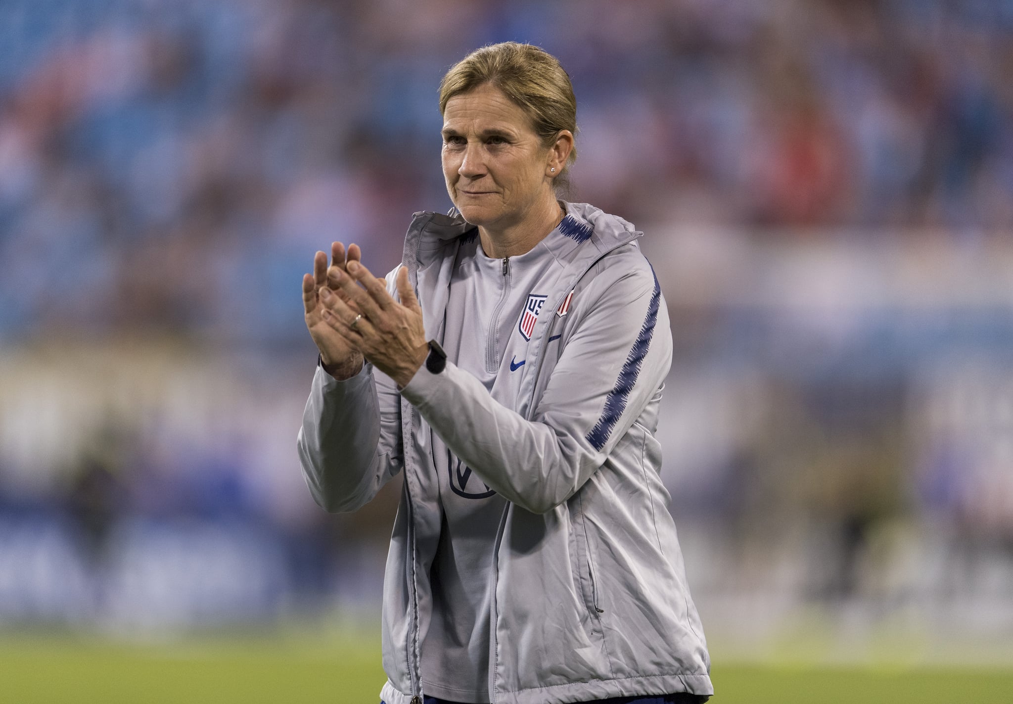 CHARLOTTE, NC - OCTOBER 03: Jill Ellis of the United States watches her team during a game between Korea Republic and USWNT at Bank of America Stadium on October 3, 2019 in Charlotte, North Carolina. (Photo by Brad Smith/ISI Photos/Getty Images).