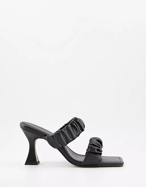 ASOS Design Harling Square Toe Ruched Mid Heel Mules in Black
