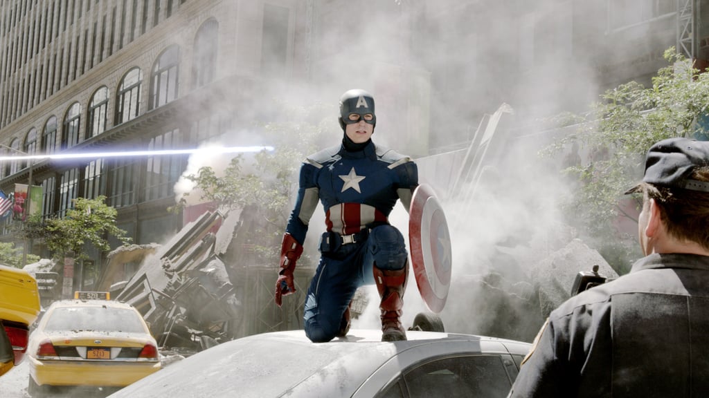 Captain America pulls the classic superhero pose when saving New York City in The Avengers.