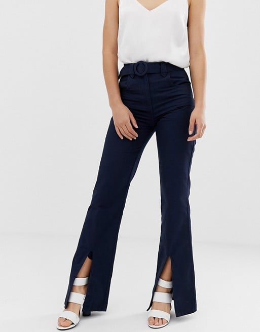 ASOS DESIGN full length flare pants with belt and front split