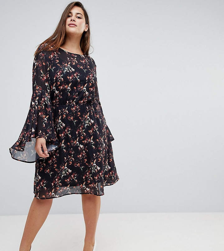 Unique 21 Hero Plus Smock Dress With Frill Sleeve In Autumn Blossom Print