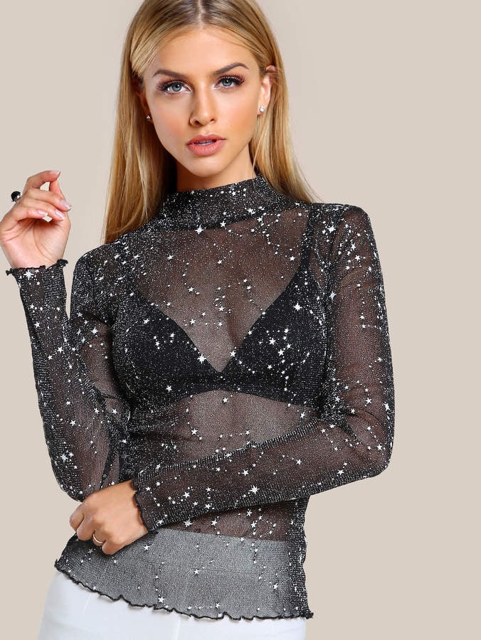 SHEIN Plus Mock Neck Sheer Glitter Top Without Camisole