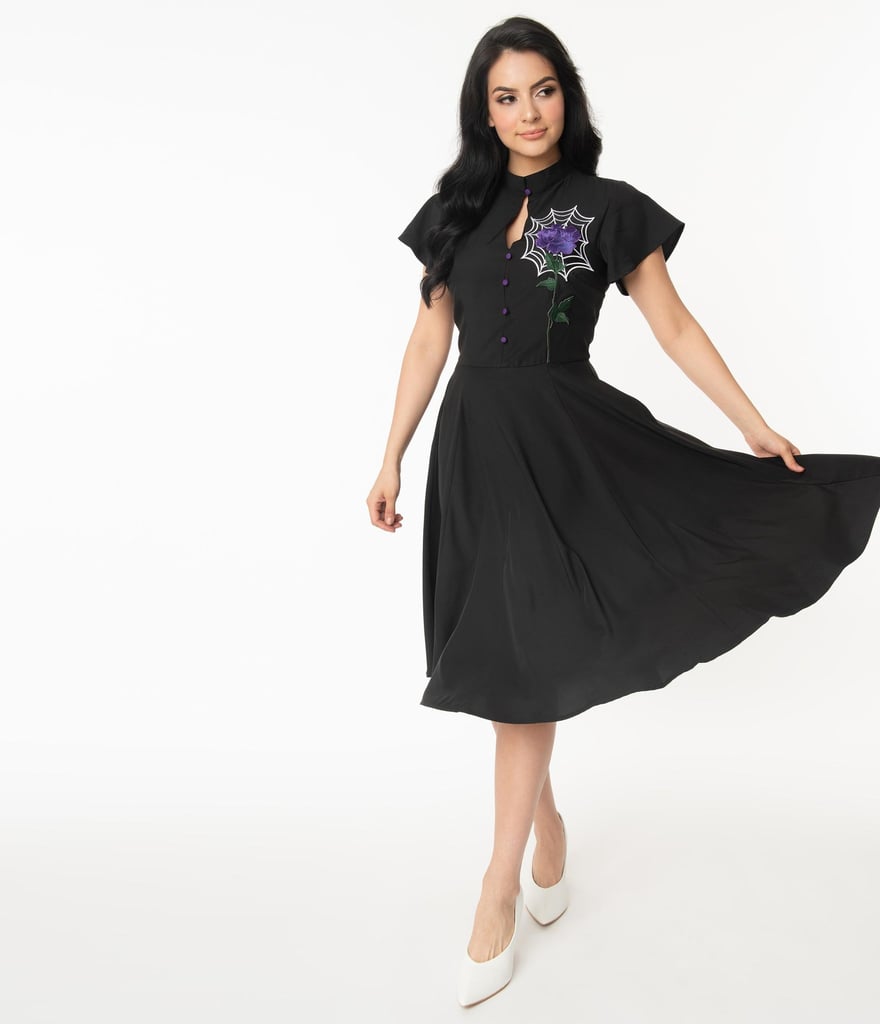 Unique Vintage Black Spiderweb and Purple Rose Baltimore Swing Dress