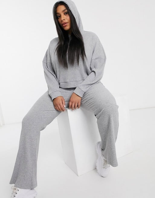 ASOS DESIGN Curve Tracksuit Supersoft Rib Hoodie and Rib Flare Pants