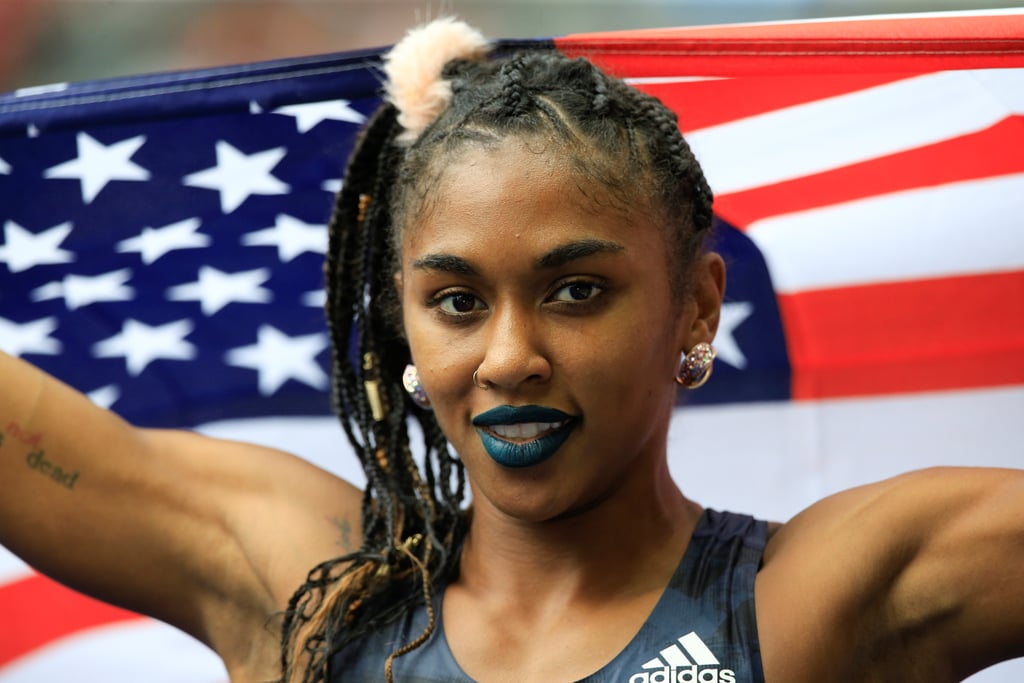 Wearing a fuzzy pink scrunchie, dark-blue lipstick, and a braided ponytail at the 2018 ISTAF competition in Berlin.