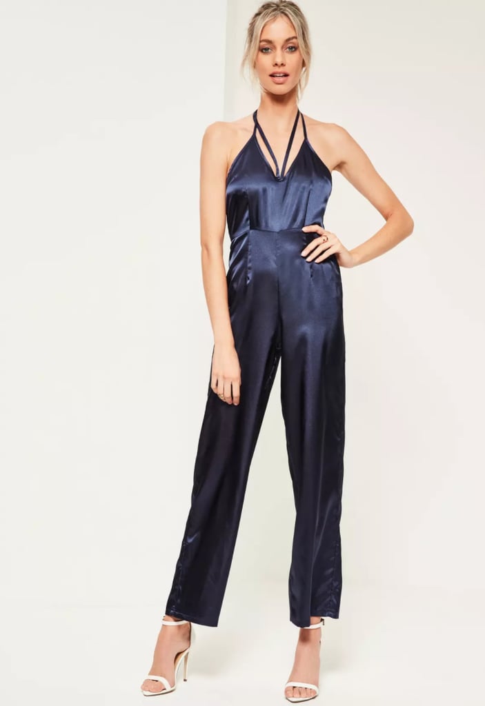 Missguided Petite Navy Halter Neck Satin Romper | Holiday Jumpsuits ...